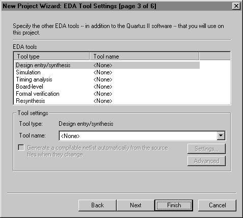 New Project Wizard EDA Settings Page